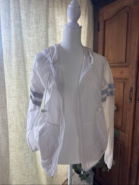 Forever 21 White Hooded Utility Jacket with Gray Stripe Accents